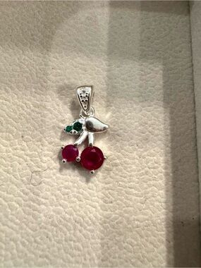 Cherry Pendant Necklace or Bracelet Charm Garnet and Green - Silver 925 NWOT